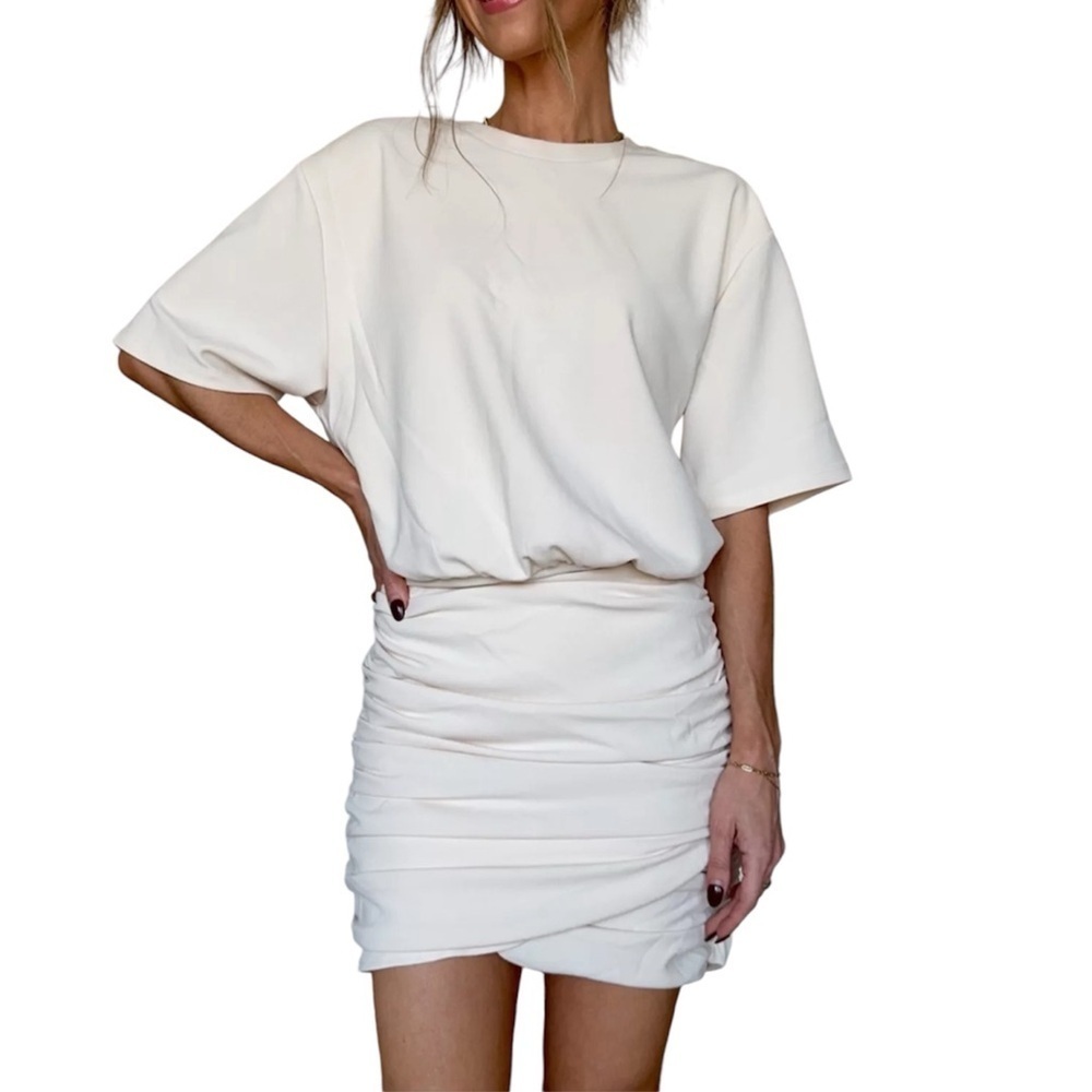 Abercrombie & Fitch Ruched Knit Short Sleeve Mini Dress in Cream